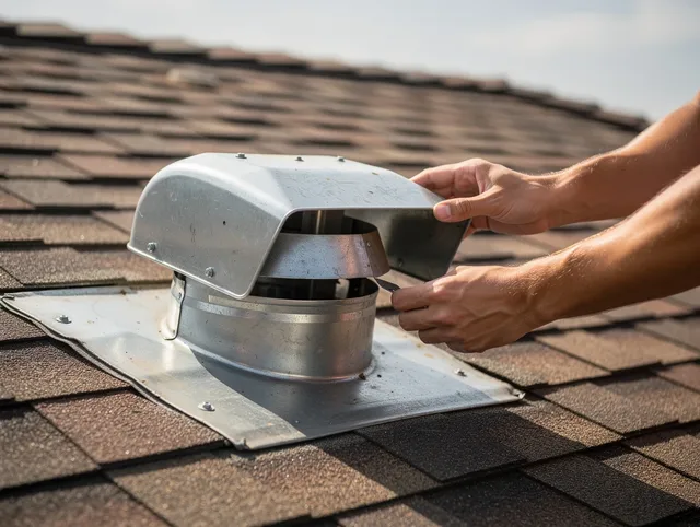 Littleton Dryer Vent Cleaning certified technician safely cleaning a roof-mounted dryer vent in Littleton