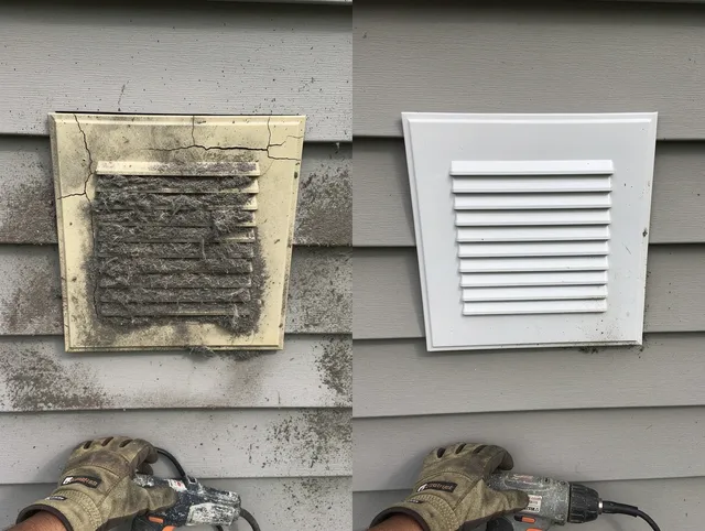 Littleton Dryer Vent Cleaning technician installing high-quality dryer vent cover at a residential property in Littleton
